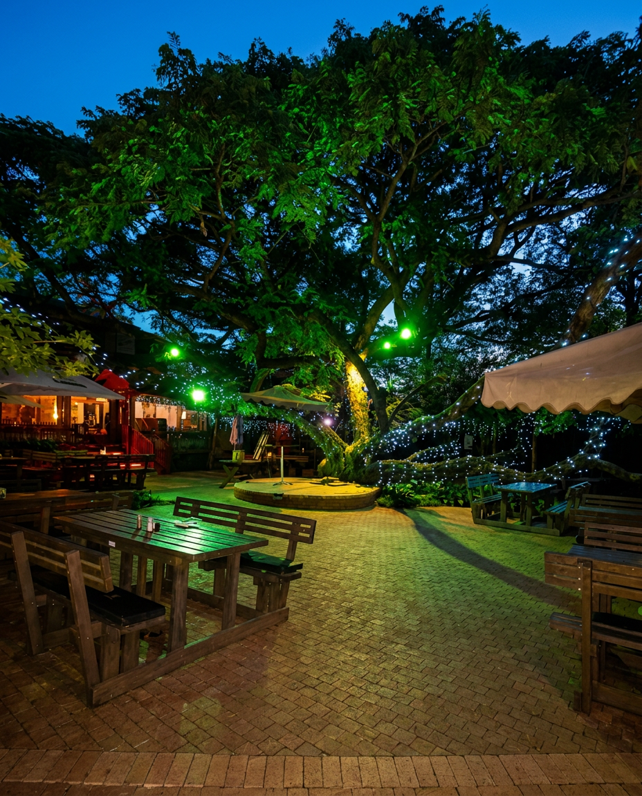 Outdoor patio at dusk with a fairy-lit tree glowing green over wooden tables